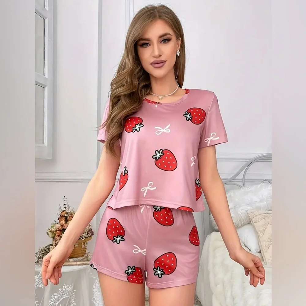 Strawberry Pajamas Short Sleeves Shorts Pants Pink Red White Women’s Size XL